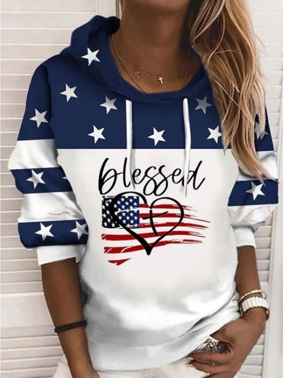 Casual Graphic Tops Long Sleeve American US Flag Text Printed Hoodies