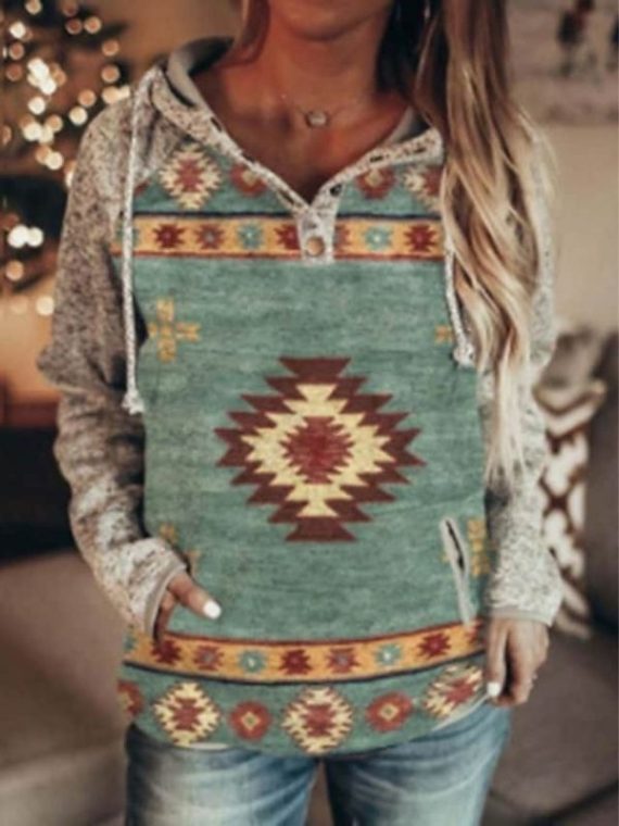 Casual Graphic Tops Long Sleeve Geometric Printed Hoodies