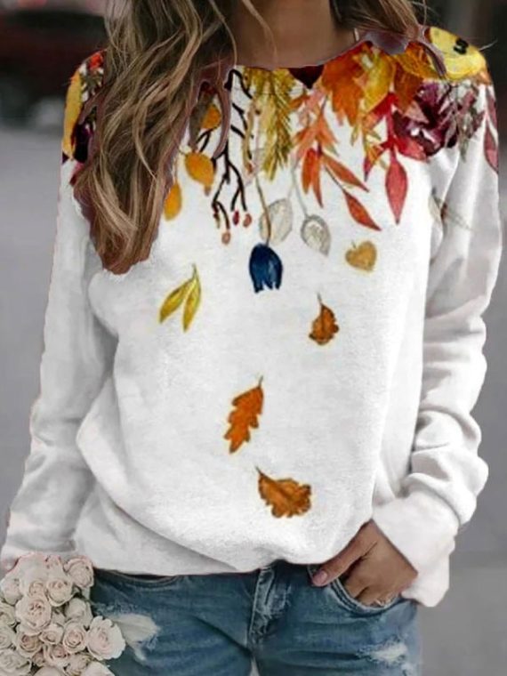 Casual Graphic Tops Round Neck Long Sleeve Leaf Printed Sweatshirts