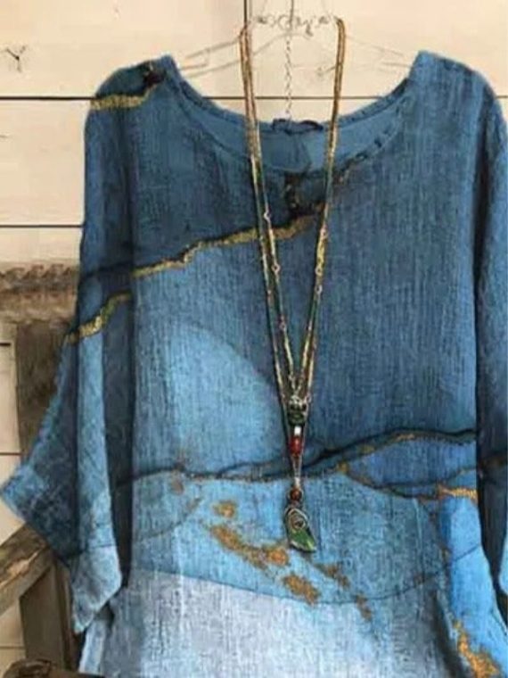 Casual Graphic Tops Round Neck 3/4 Sleeve Marble Printed Blouse - Image 2