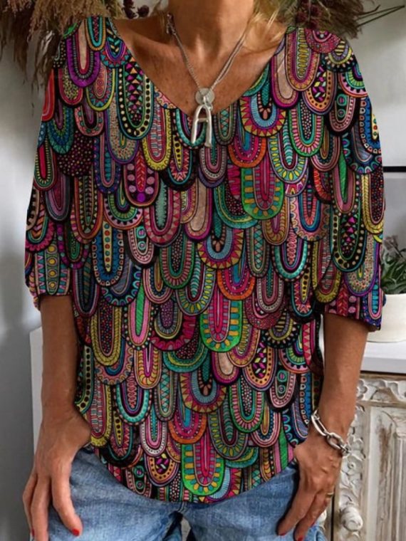 Casual Graphic Tops V-Neck Long Sleeve Casual Vintage Printed T-Shirt