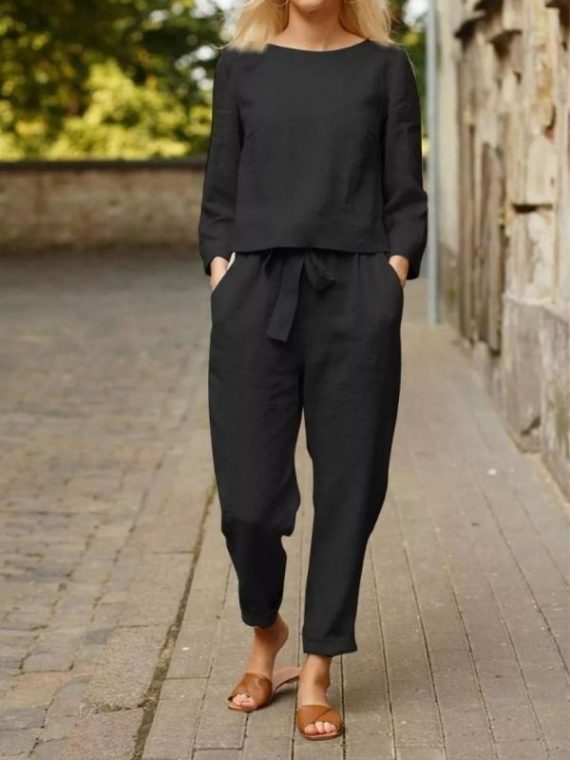 Casual Black Solid Top & Trousers Two-piece Suits