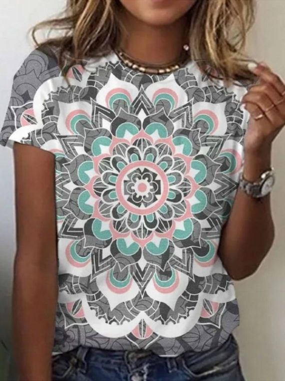 Casual Graphic Tops Round Neck Short Sleeve Geometric Printed T-shirt