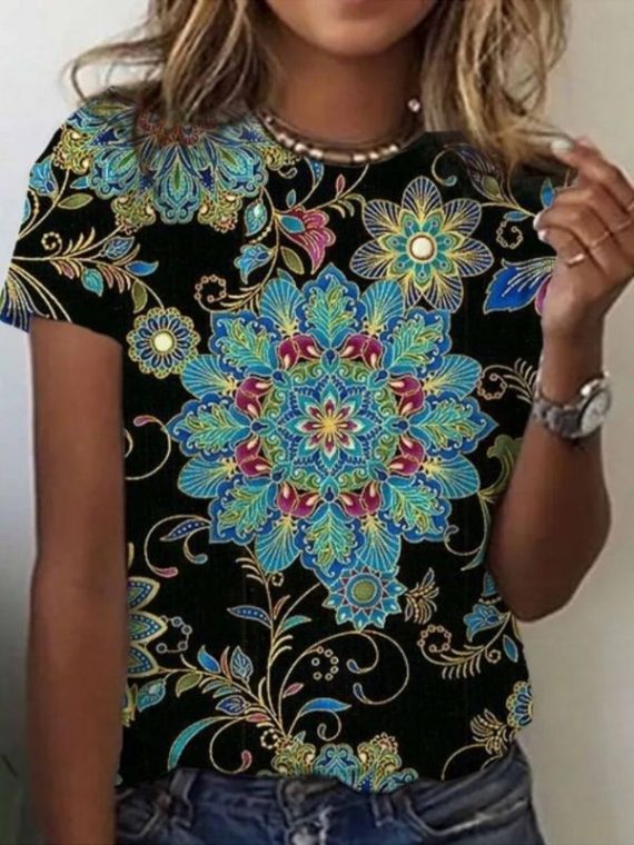 Casual Graphic Tops Round Neck Short Sleeve Floral Printed T-shirt
