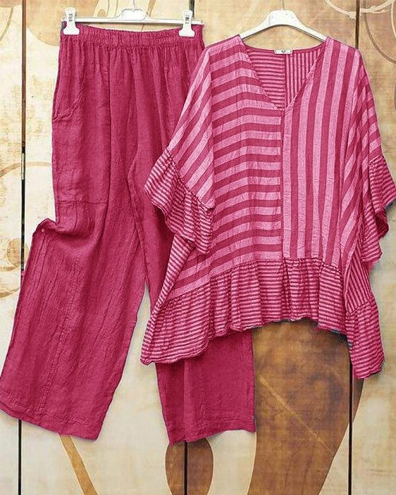 Dark Blue Casual V Neck Stripe Printed Half Sleeve Two Piece Sets - Image 2