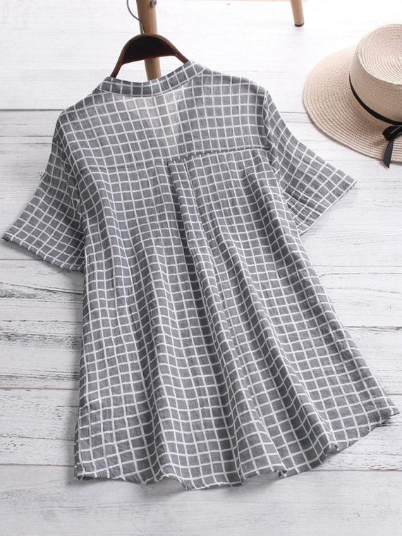 Blue Plaid Buttons Stand Collar Short Sleeve Blouse - Image 4