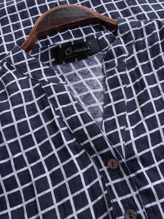 Blue Plaid Buttons Stand Collar Short Sleeve Blouse - Image 6