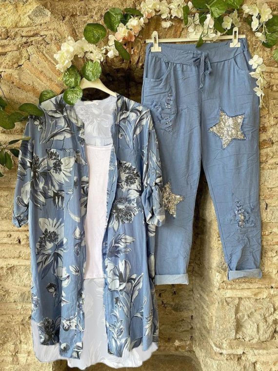 Blue Floral Printed Open Front Casual Two-piece Suits