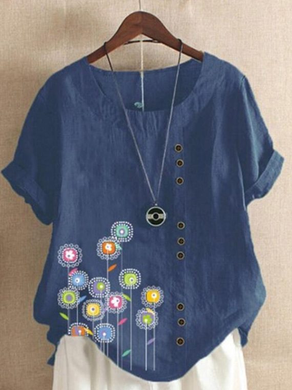 Blue Printed Casual Short Sleeve Round Neck T-shirts