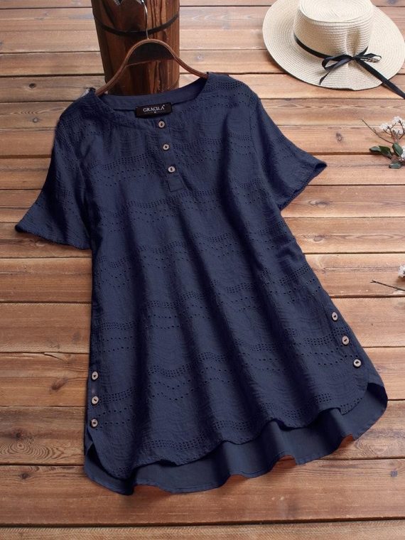 Bohemian Pullover Embroidery Casual Short Sleeve Blouse With Button - Image 3