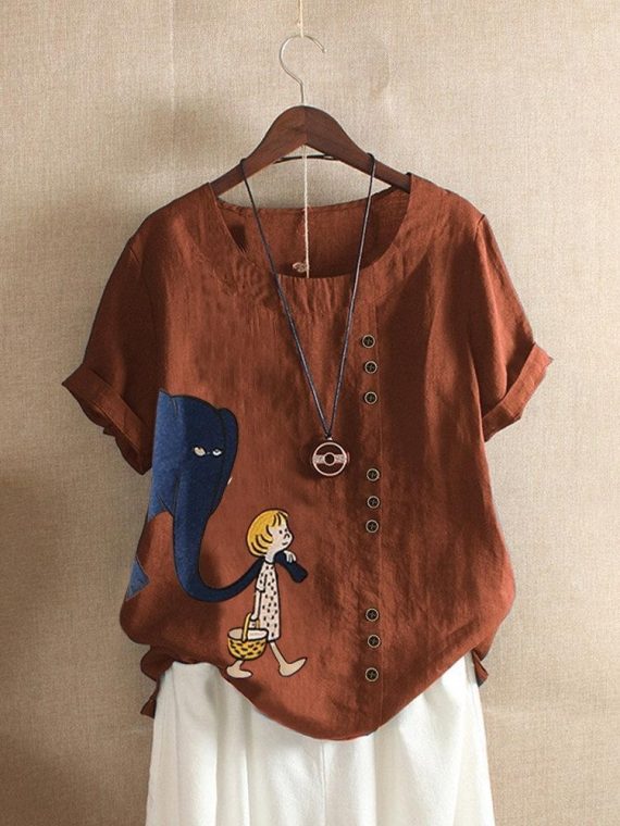 Casual O-neck Short Sleeve Elephant Animal Printed Blouse