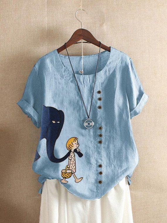Casual O-neck Short Sleeve Elephant Animal Printed Blouse - Image 2