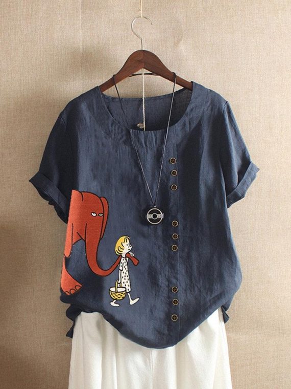 Casual O-neck Short Sleeve Elephant Animal Printed Blouse - Image 3