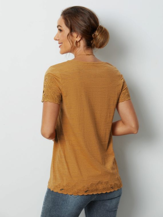 Artisan Gold Solid Embroidery V-neck Short Sleeve T-shirts - Image 2