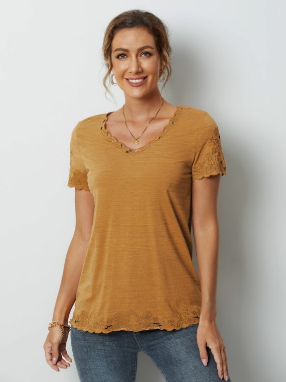 Artisan Gold Solid Embroidery V-neck Short Sleeve T-shirts