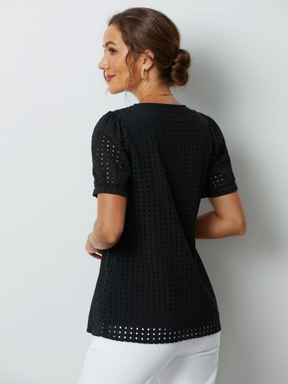 Black Solid Hollow Out Round Neck Short Sleeve Tee - Image 2