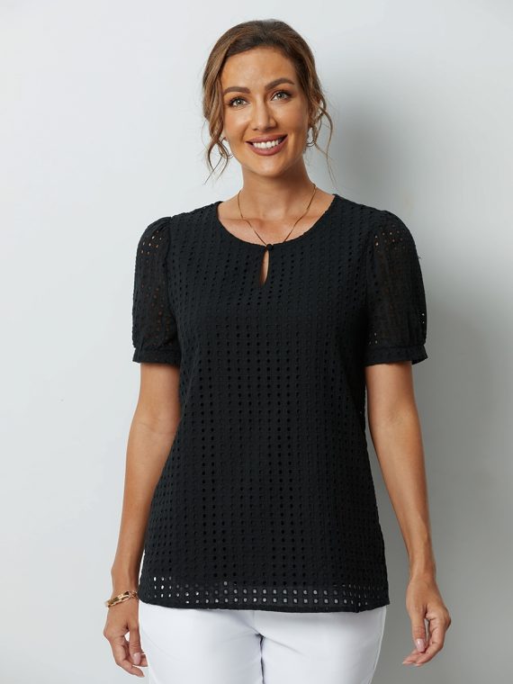 Black Solid Hollow Out Round Neck Short Sleeve Tee