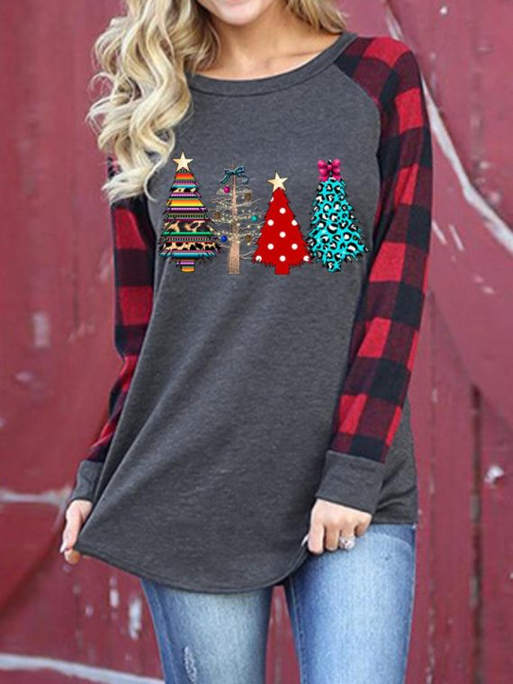 Black Gray Casual Graphic Tops Round Neck Long Sleeve Xmas Tree Printed Sweatshirts