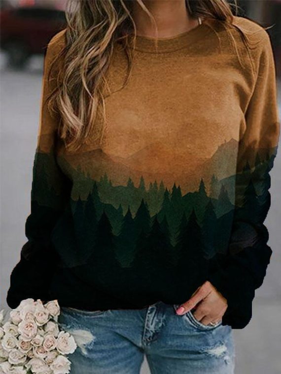 Casual Graphic Tops Round Neck Long Sleeve Mountain Printed Sweatshirts