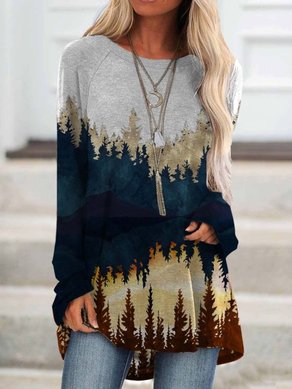 Casual Graphic Tops Round Neck Long Sleeve Plant Printed Sweatshirts