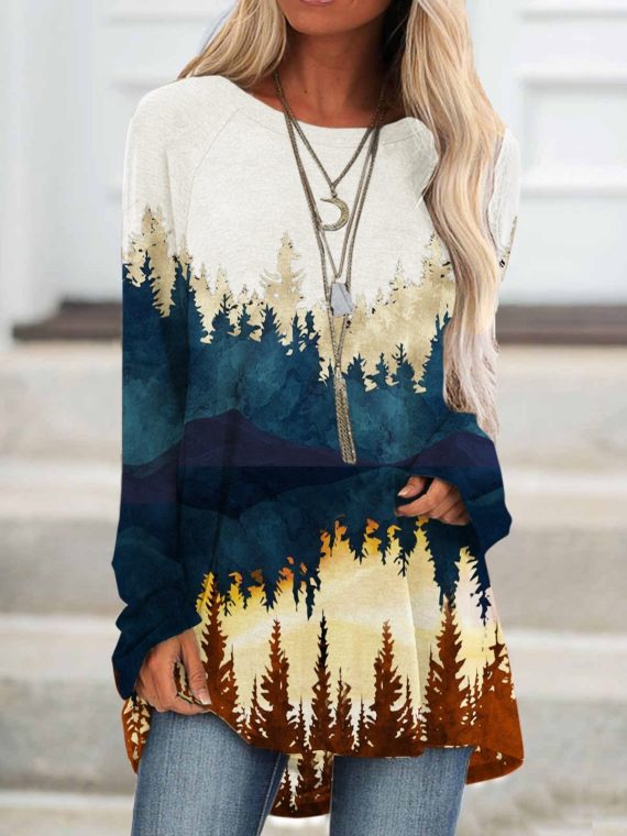 Casual Graphic Tops Round Neck Long Sleeve Plant Printed Sweatshirts - Image 2
