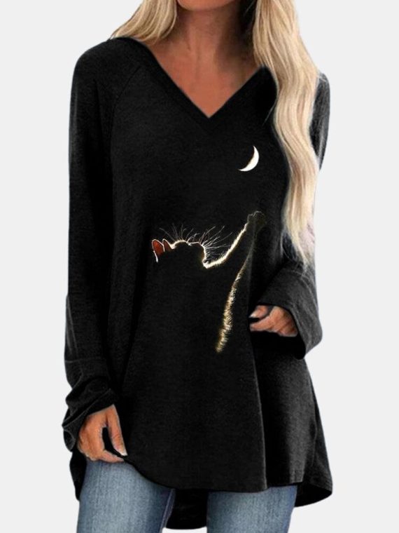 Cat Print Long Sleeves Vneck Casual Sweatshirt
