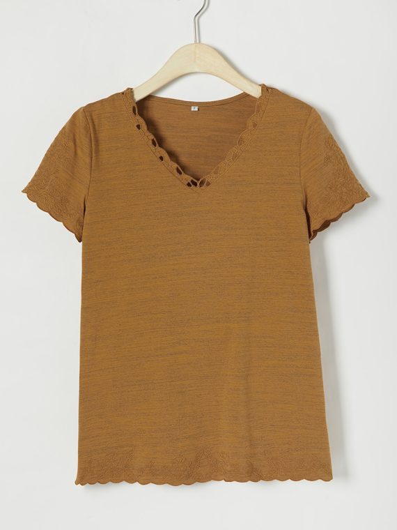 Artisan Gold Solid Embroidery V-neck Short Sleeve T-shirts - Image 3