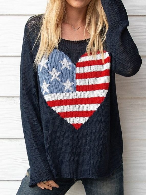 Darkest Indigo Casual Graphic Tops Round Neck Long Sleeve Flag Printed Sweater