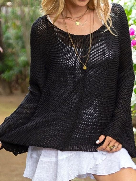 Black Casual Round Neck Long Sleeve Hollow Out Sweater