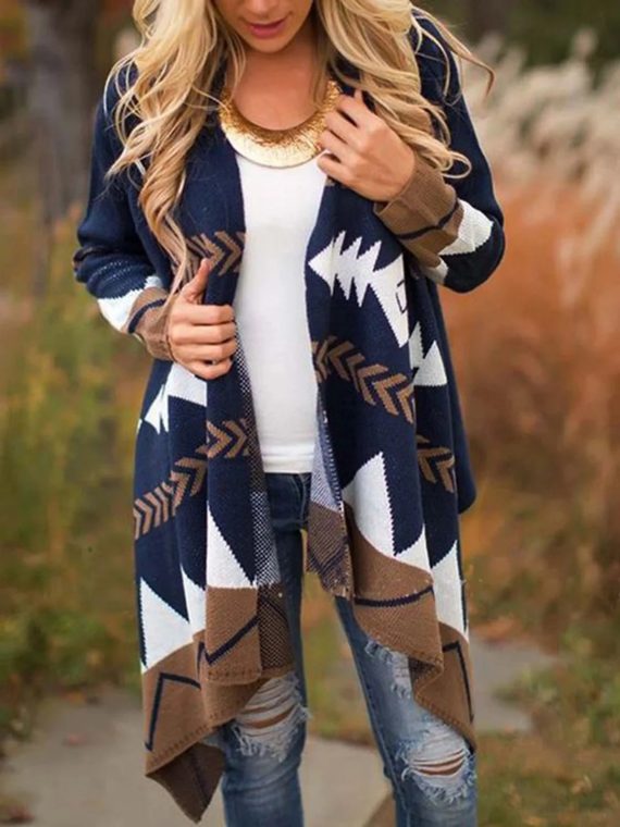 Blue Casual Graphic Tops Long Sleeve Sweater Coat
