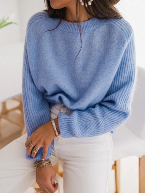 Blue Casual Long Sleeve Round Neck Solid Sweater