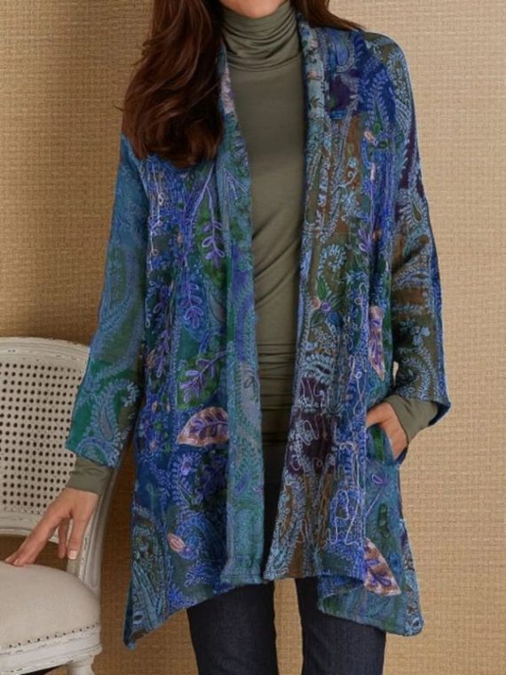 Blue Casual long Sleeve Floral Printed Cardigans