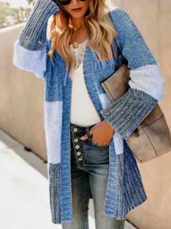 Blue Casual long Sleeve Color Block Printed Cardigans
