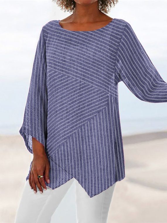 Casual Long Sleeve Crew Neck Stripe Printed Blouse & Shirts - Image 2