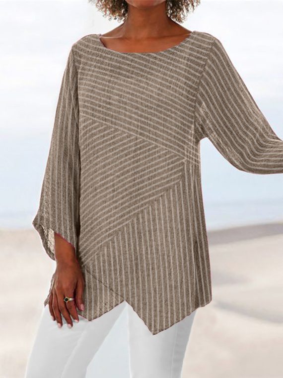 Casual Long Sleeve Crew Neck Stripe Printed Blouse & Shirts - Image 9