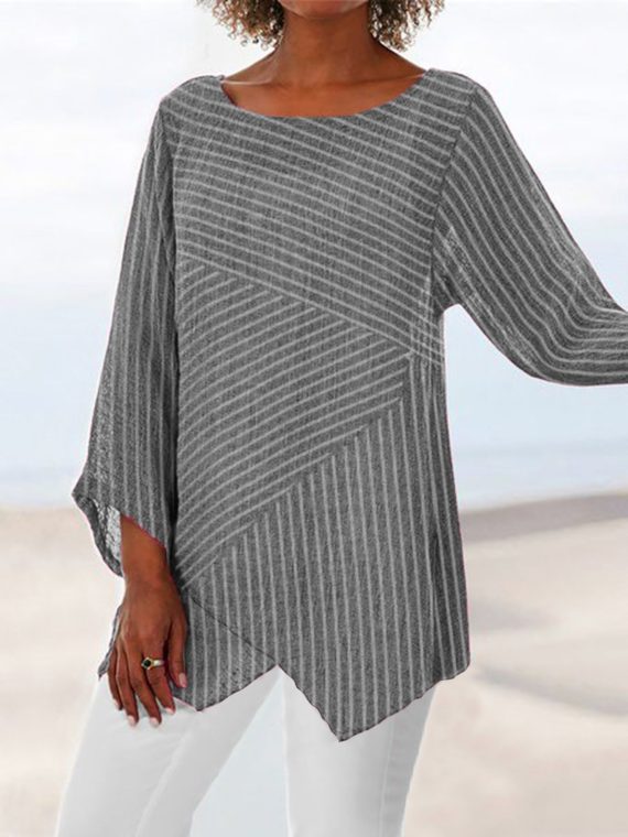Casual Long Sleeve Crew Neck Stripe Printed Blouse & Shirts - Image 3