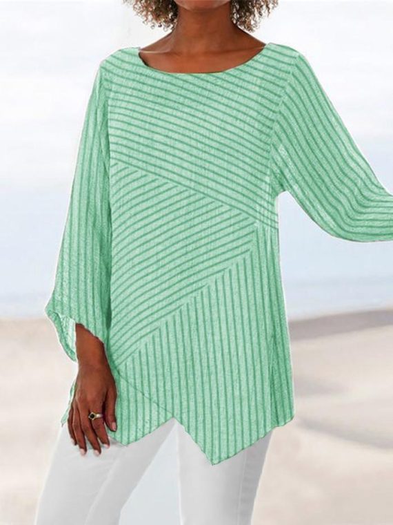 Casual Long Sleeve Crew Neck Stripe Printed Blouse & Shirts - Image 4
