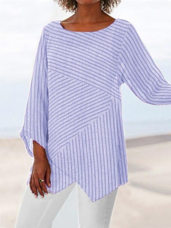 Casual Long Sleeve Crew Neck Stripe Printed Blouse & Shirts - Image 5