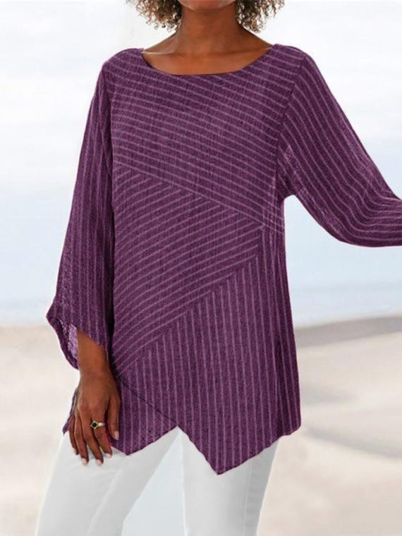 Casual Long Sleeve Crew Neck Stripe Printed Blouse & Shirts - Image 6