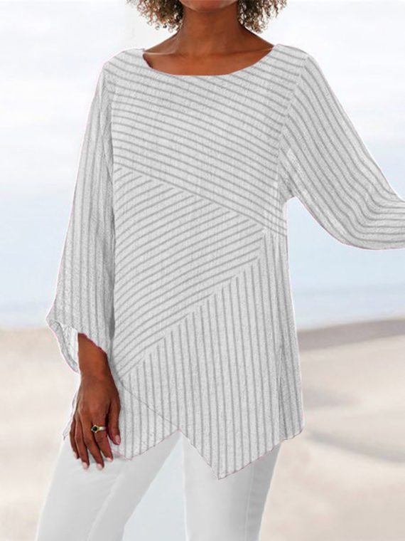 Casual Long Sleeve Crew Neck Stripe Printed Blouse & Shirts - Image 8