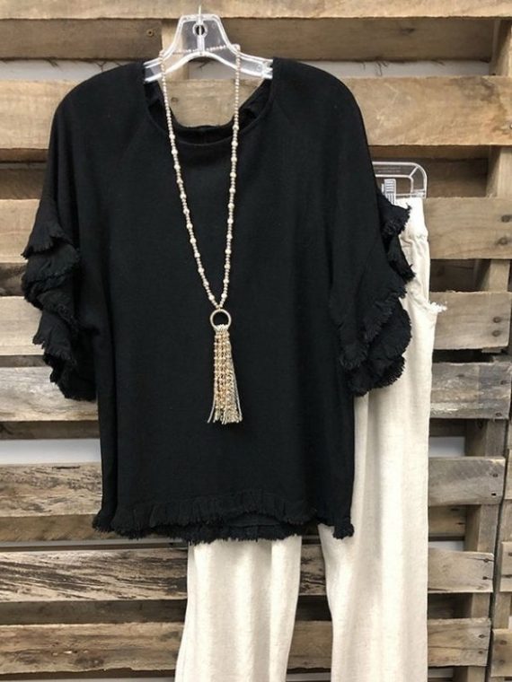 Black Solid Ruffled Round Neck T-shirt