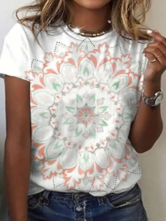 Casual Graphic Tops Round Neck Short Sleeve Mandala Floral Printed Blouse