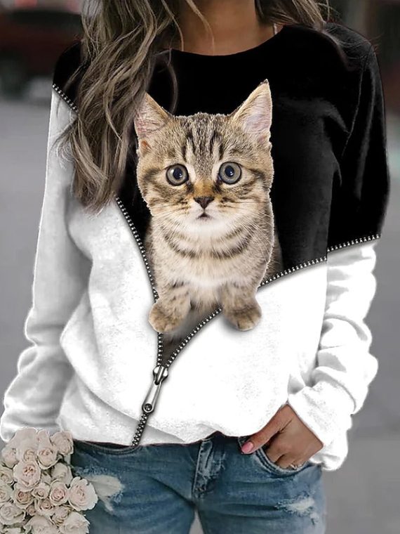 Black Casual Graphic Tops Round Neck Long Sleeve Animal Printed Sweatshirts