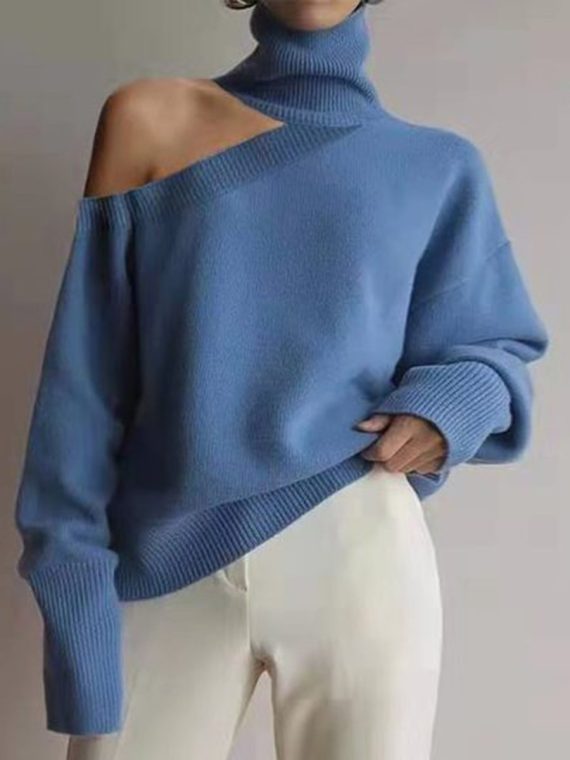 Fashion High Neck Off-the-Shoulder Long Sleeve Sweater - Image 3
