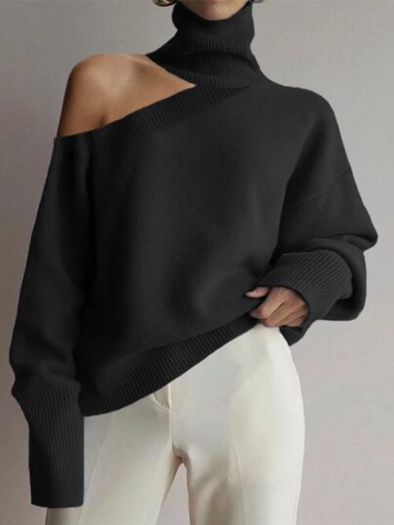 Fashion High Neck Off-the-Shoulder Long Sleeve Sweater - Image 2