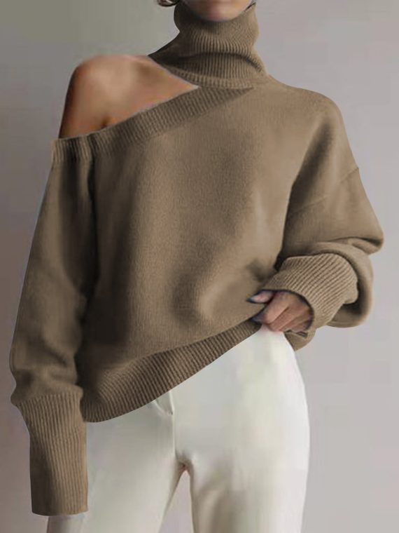 Fashion High Neck Off-the-Shoulder Long Sleeve Sweater - Image 4