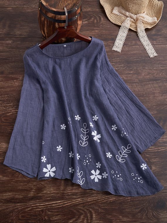 Crew Neck Printed Daily Long Sleeve Blouse - Image 5