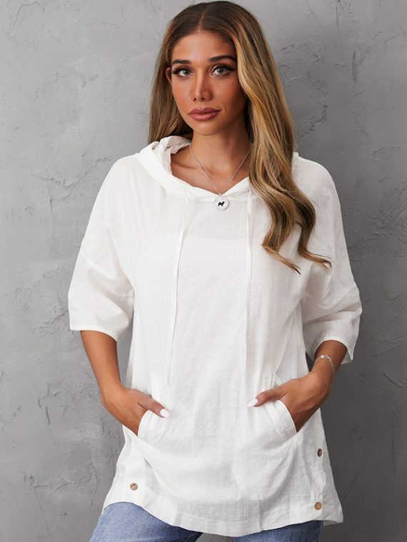Casual Tops 3/4 Sleeve Hooded Blouse With Pockets - Image 3