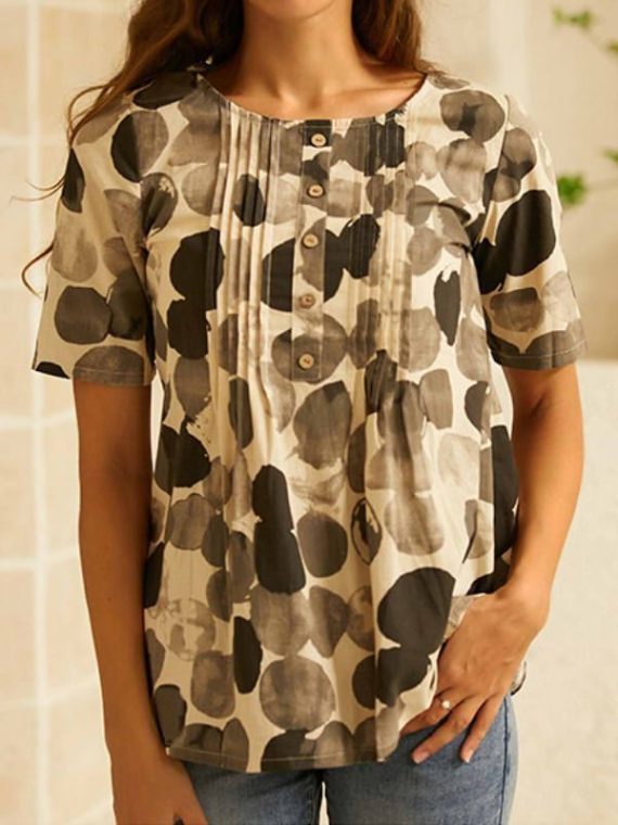 Coffee Crew Neck Casual Buttons Short Sleeve Polka Dot T-shirt