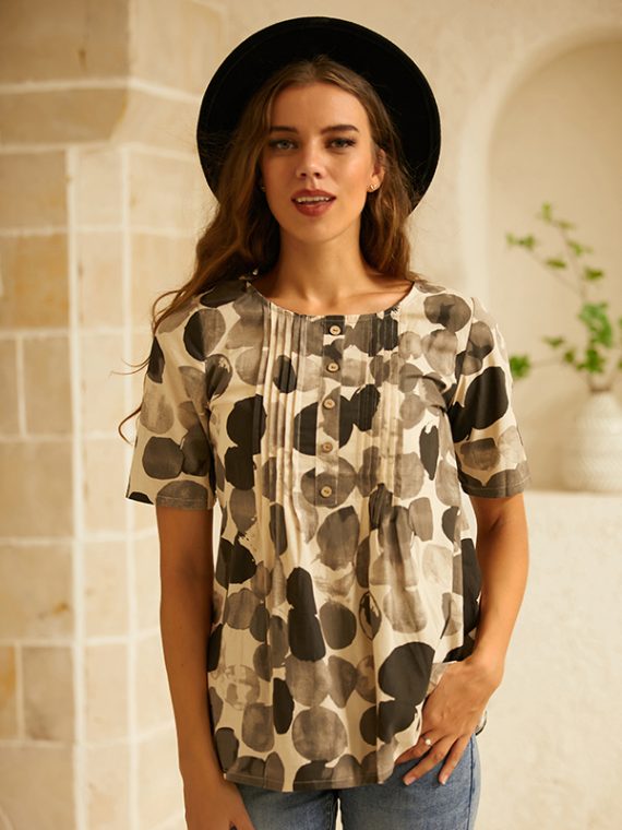 Coffee Crew Neck Casual Buttons Short Sleeve Polka Dot T-shirt - Image 2